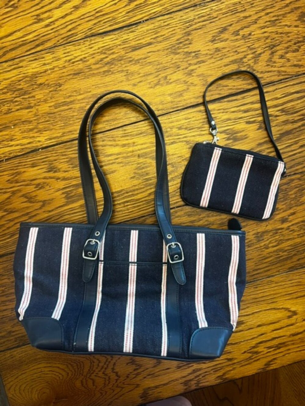 Women's Large Purse, Handbag, Canvas Material, Blue, White/Red Stripes,  Ex Con
